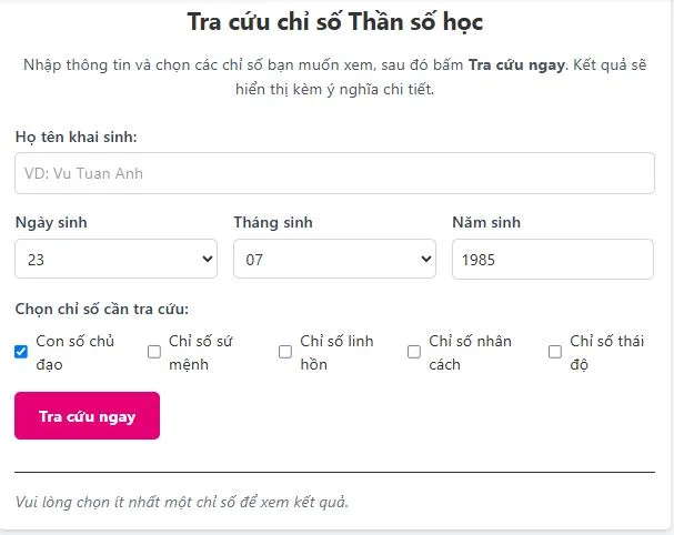 Tra Cứu Thần Số Học Online